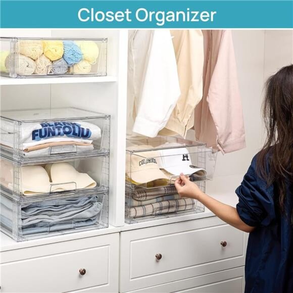 Clear Stackable Storage Drawers Large Plastic Organizer Bins Bathroom Kitchen Cl - Picture 4 of 7